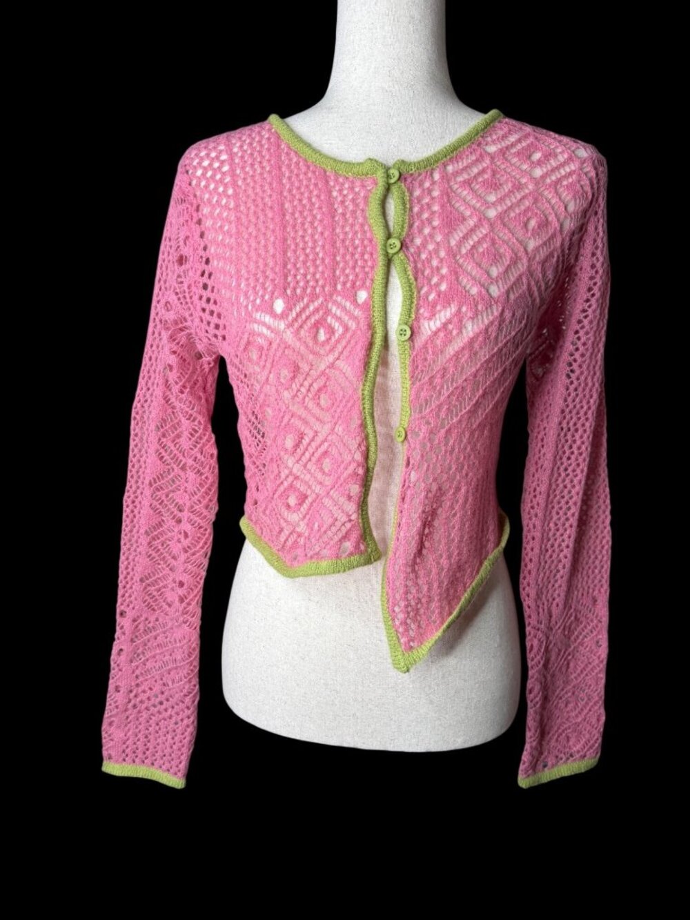 Daisy Street Pink Green Crochet Cardigan XS Whimsigoth Asymmetric fairy grunge